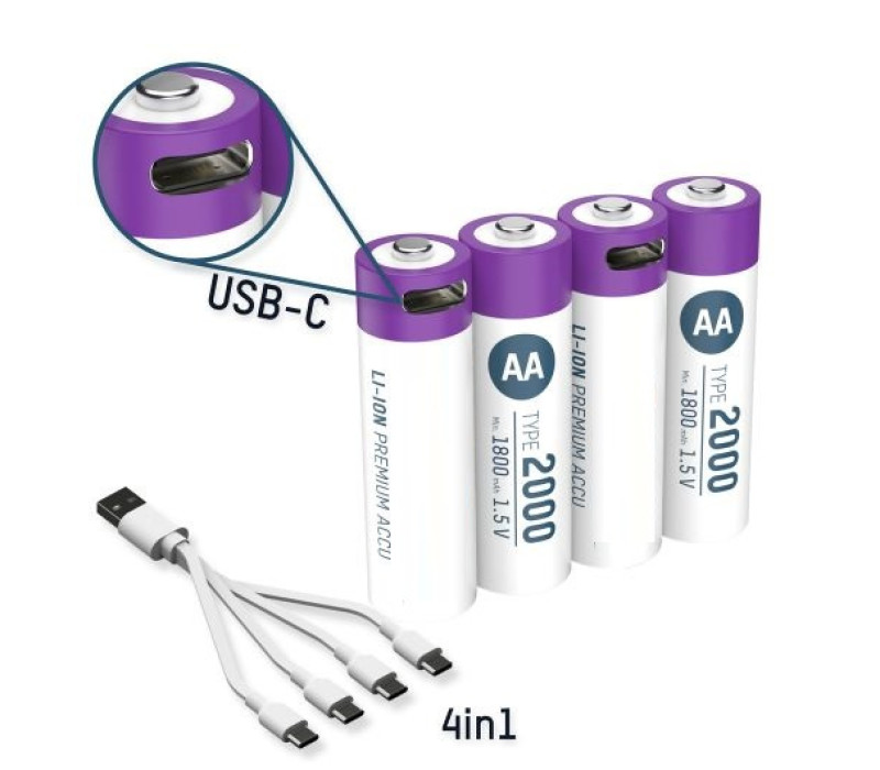 Li-Ion Rechargeable AA Batteries via USB naar USB-C