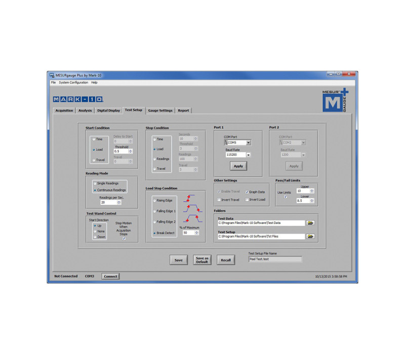 Configureer de start- en stopcondities van een test, evenals motion control-opties in MESUR™gauge Plus.