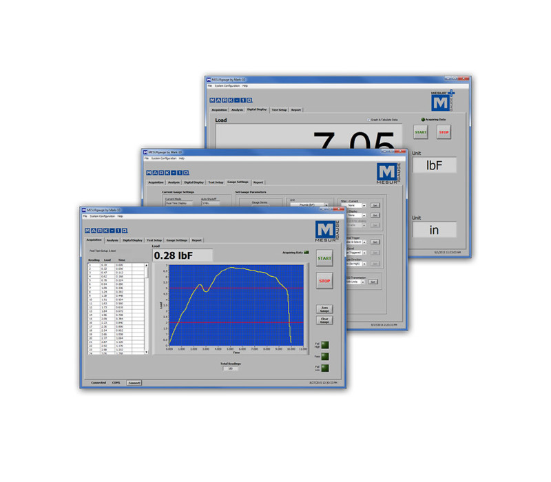 MESUR®gauge en MESUR®gauge Plus breiden de functionaliteit van kracht-/ torque-meetinstrumenten en testopstellingen uit. Beide programma's delen de mogelijkheid om gegevens vast te leggen en weer te geven in grafisch formaat voor belasting vs. tijd of belasting vs. reizen vs. tijd. MESUR®gauge Plus voegt de mogelijkheid toe om de beweging van Mark-10 gemotoriseerde testbanken te regelen, waarbij bewegings-controle en gegevensverzameling worden gecoördineerd.