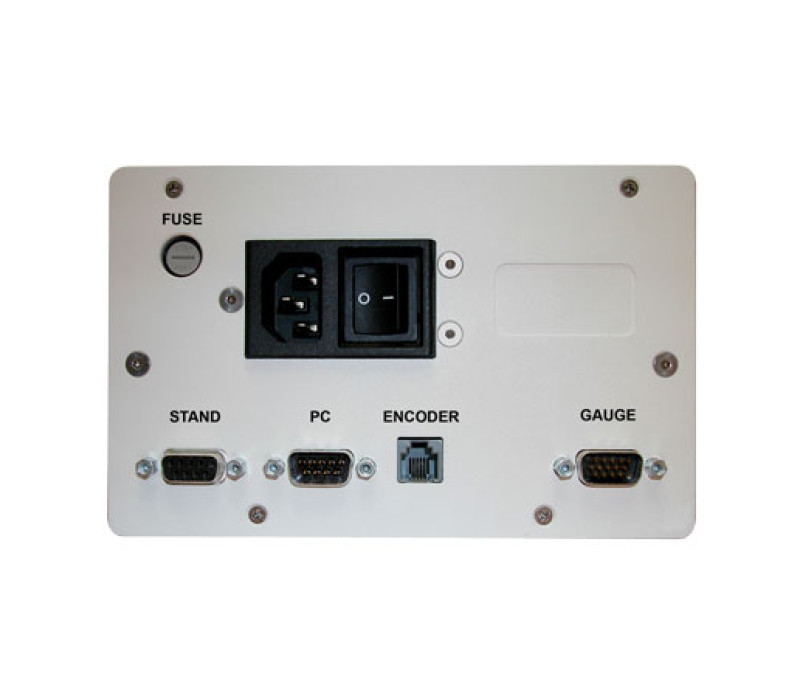 Er zijn verschillende aansluitmogelijkheden voor de verbinding tussen de controller en het testframe, lineaire encoder, krachtmeter en pc.