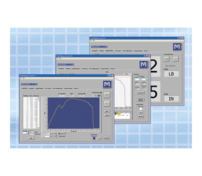 Het optionele MESURgauge is een geavanceerd programma voor het verzamelen en verwerken van gegevens dat is ontworpen om te communiceren met Mark-10-meters en testopstellingen. Het programma tabuleert en plot belasting vs. tijd of belasting vs. afstand, en biedt een aantal geavanceerde testopzet-, analyse- en rapportagetools.