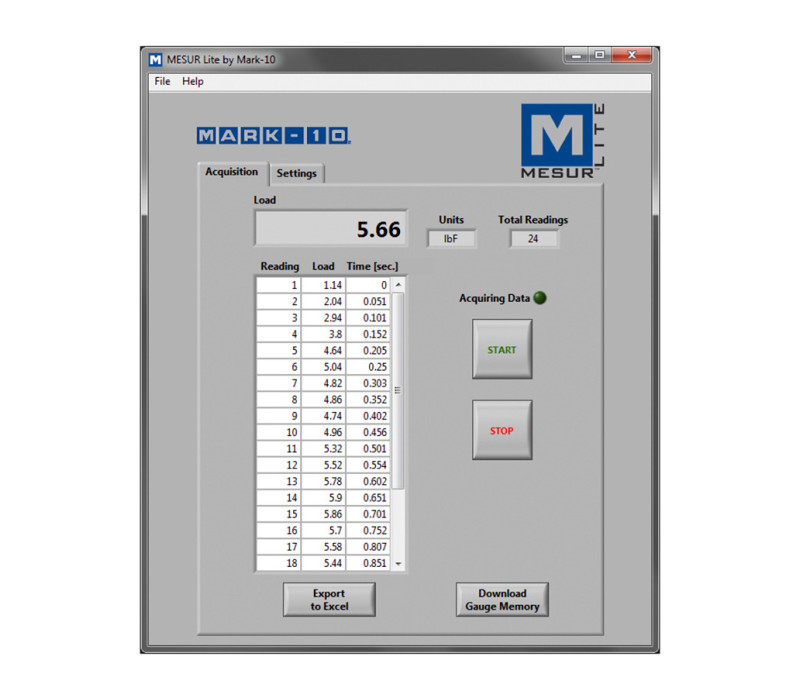 MESUR® Lite is een basisprogramma waarmee data van een Mark-10 kracht- of torque-meter kan worden geëxporteerd, de data in tabelvorm weer wordt gegeven en vervolgens naar Excel kan worden geëxporteerd voor verdere verwerking.