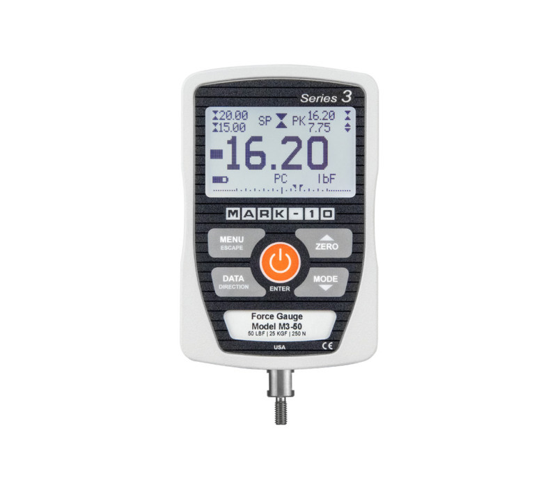 Series-3 Basis digitale krachtmeter vooraanzicht heeft een robuuste aluminium behuizing en een groot display met achtergrondverlichting