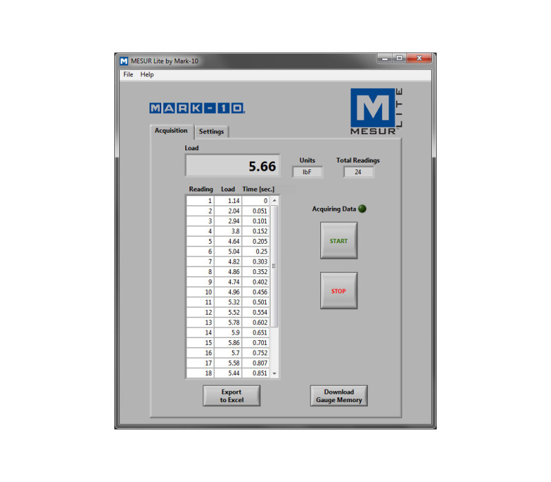 Het basisprogramma MESUR® Lite verzamelt gegevens van de Mark-10 kracht- of draaimoment-meter en deze in tabelvorm weergeeft en het exporteren van gegevens naar Excel mogelijk maakt.