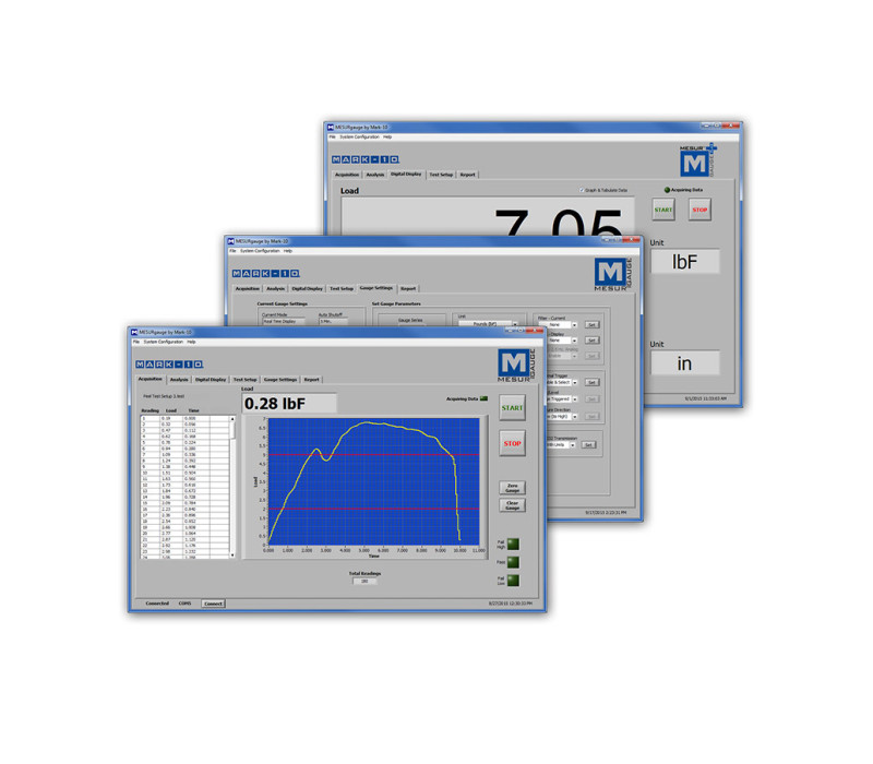 MESUR®-gauge is een geavanceerd gegevensverzamelingsprogramma dat is ontworpen om te communiceren met Mark-10-meters en testopstellingen. Het programma tabuleert en plot belasting vs. tijd, en biedt een aantal geavanceerde test configuraties-, analyse- en rapportagetools.