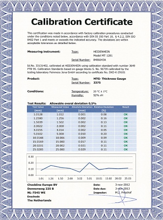 Cic-Thickness Diktemeter Kalibratie