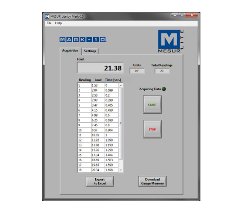 Het basisprogramma MESUR® Lite verzamelt gegevens van de Mark-10 kracht- of draaimoment-meter en deze in tabelvorm weergeeft en het exporteren van gegevens naar Excel mogelijk maakt.