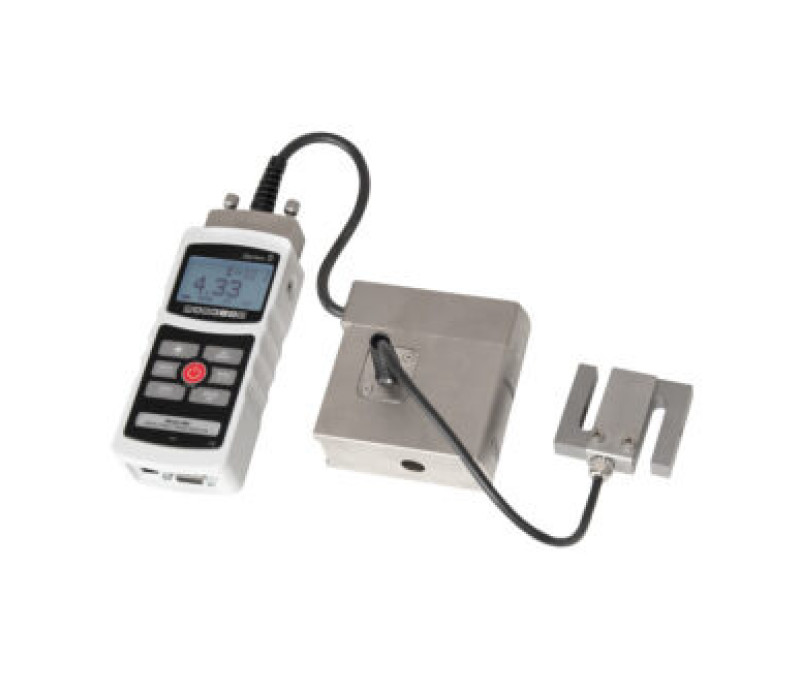 De PTAF adapter wordt via een Mark-10 indicator aangesloten om een extern geleverde sensor te configureren. Hier is de PTAF adapter aangesloten op een 5I indicator dmv een AC1083 adapter.