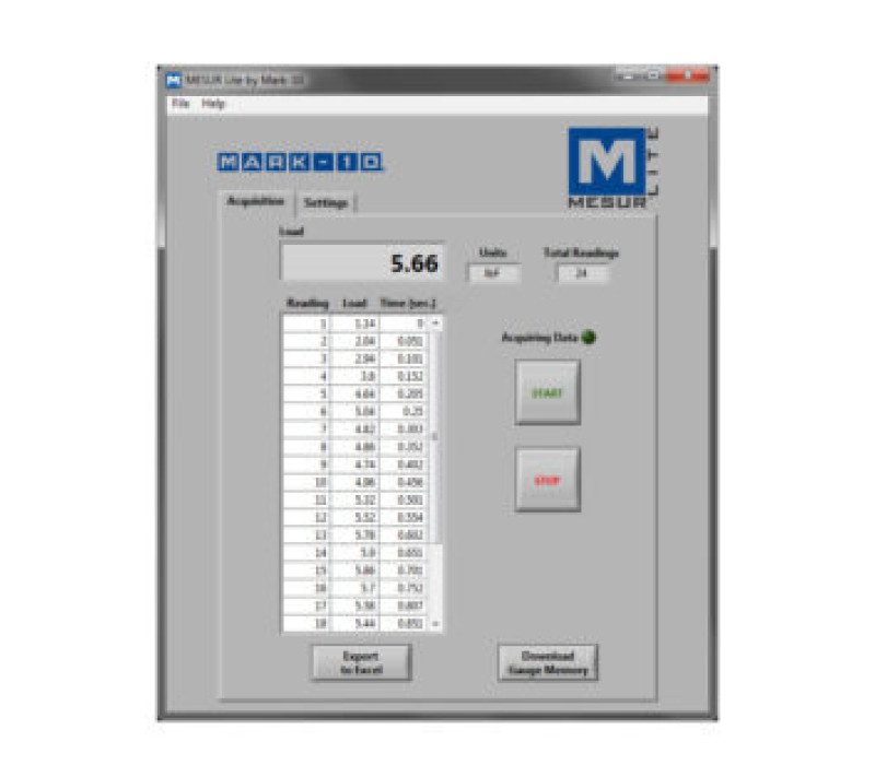 MESUR® Lite is een basisprogramma waarmee data van een Mark-10 kracht- of torque-meter kan worden geëxporteerd, de data in tabelvorm weer wordt gegeven en  vervolgens naar Excel kan worden geëxporteerd voor verdere verwerking.