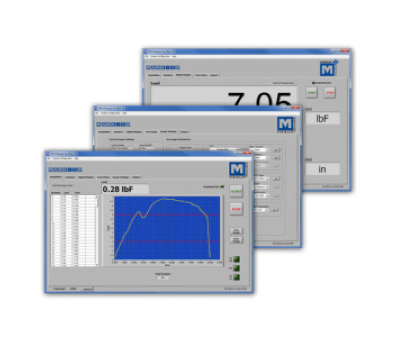 MESUR®-gauge is een geavanceerd gegevensverzamelingsprogramma dat is ontworpen om te communiceren met Mark-10-meters en testopstellingen. Het programma tabuleert en plot belasting vs. tijd, en biedt een aantal geavanceerde testopzet-, analyse- en rapportagetools.
