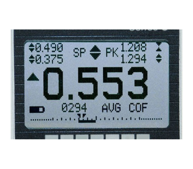 Het display met achtergrondverlichting van de M5-2-COF heeft grote, goed leesbare cijfers, statische en kinetische wrijvingscoëfficiënten, instelpuntindicatoren, analoge belasting balkgrafieken en meer.