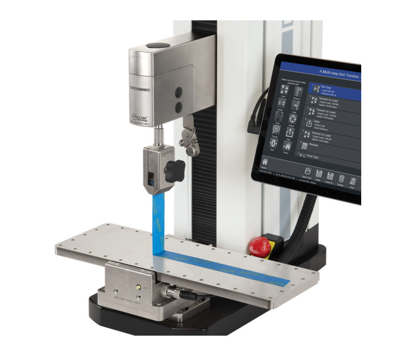F305 trekbank geconfigureerd voor 90° peel test met een G1109 Peel Fixture en G1008 Film &amp; Papier Grepen