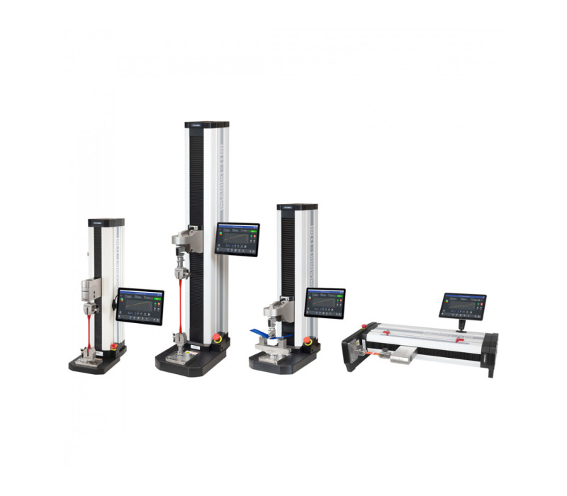 De F Serie Krachtmeter Trekbanken omvat verticale en horizontale frames met capaciteiten van 500 N tot 6,7 kN
