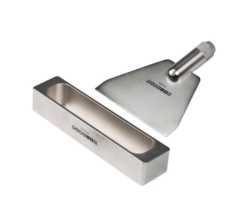 Het G1071 kerf-buigarmatuur bestaat uit een bovenste en onderste matrijs. Afmetingen conform TAPPI standaard T829.
